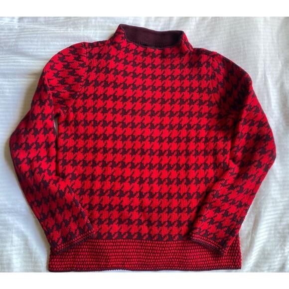 Ann Taylor Sweater Mock Neck Knit Houndstooth Red Small Holiday - Picture 2 of 9